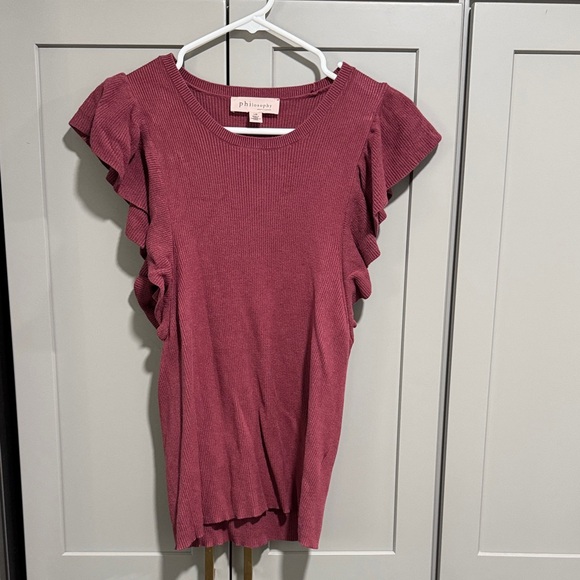 Philosophy cranberry short sleeve ruffle sweater top L - Picture 1 of 3
